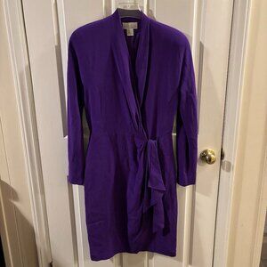 Vintage Nordstrom Women's Purple 100% Silk Long Sleeve Faux Wrap Midi Dress ~ 12